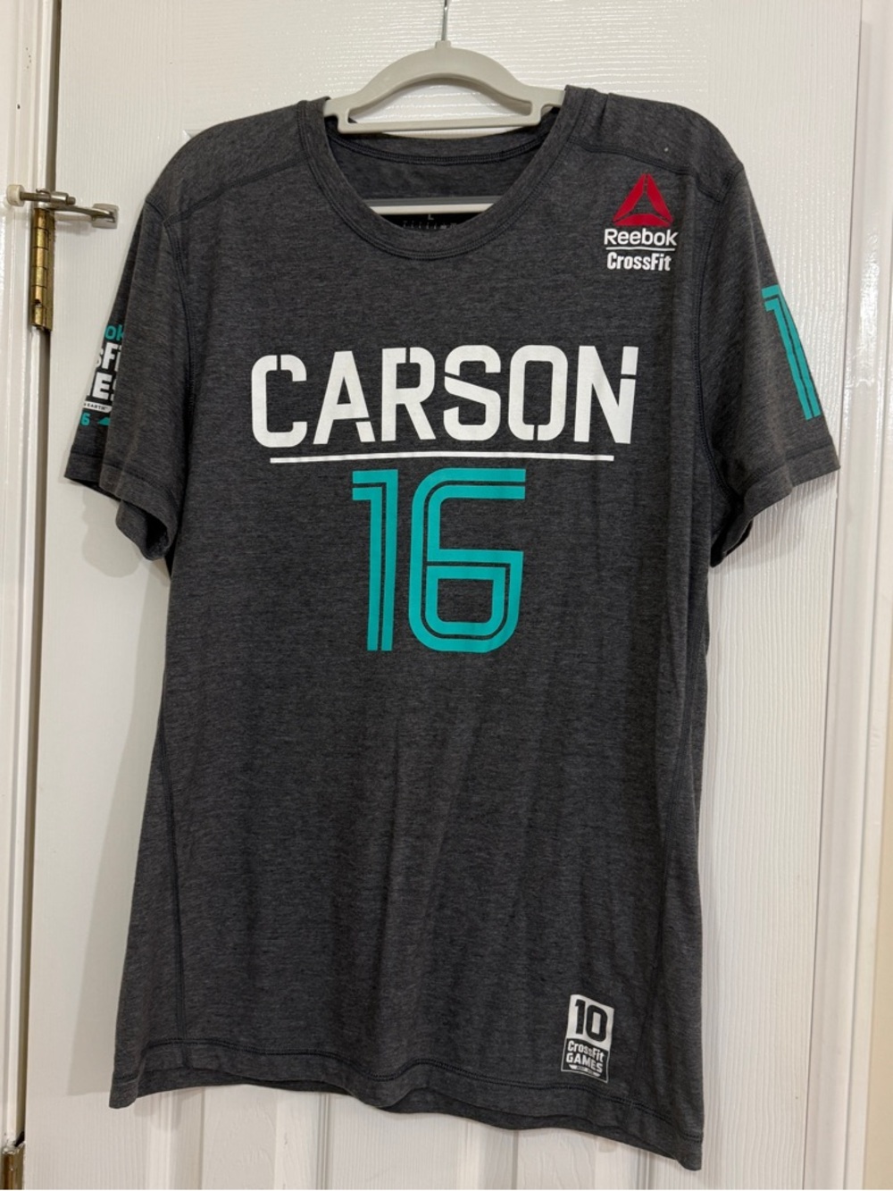 Reebok Dark Gray Carson 16 Graphic Tee with Teal & White Accents